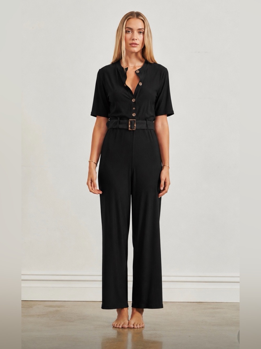 One Mile The Label Button-Front Black Jumpsuit with Belt